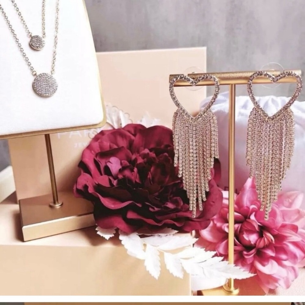 New in box, Park Lane gold with rhinestone heart earrings & double necklace set